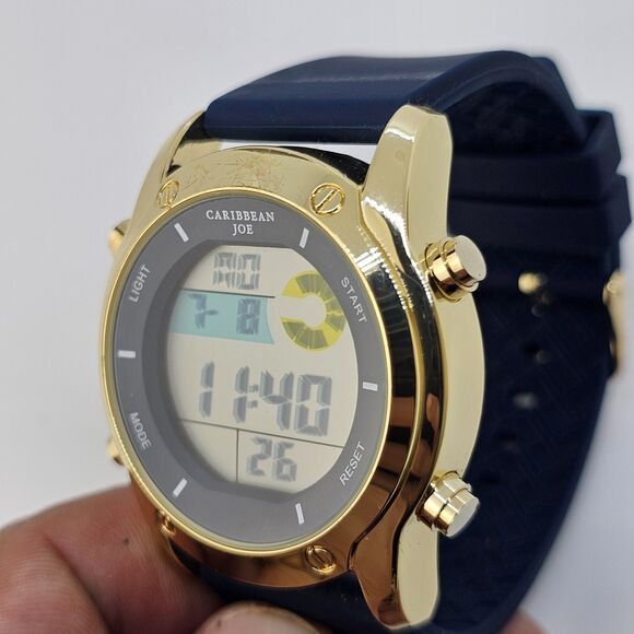 43MM Caribbean Joe Men's Digital Watch Alarm Chrono Gold Case Blue Plastic Bands - Picture 6 of 15